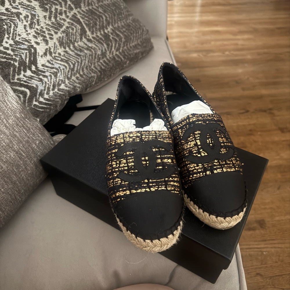 CHANEL Black and Gold Espadrilles
